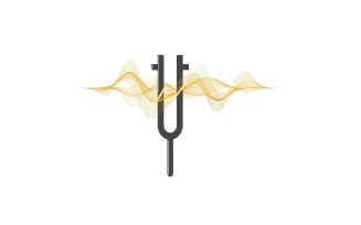 Black tuning fork symbolizes musical frequency with abstract golden sound wave pattern