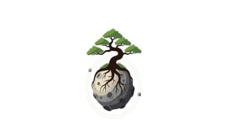 Bonsai tree with deep roots growing out of a small cratered asteroid or moon