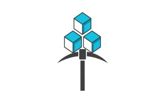 Cryptocurrency mining icon featuring blue cubes and a black pickaxe tool