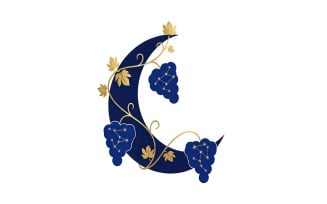 Dark blue crescent moon stylized with golden grape vines and constellations