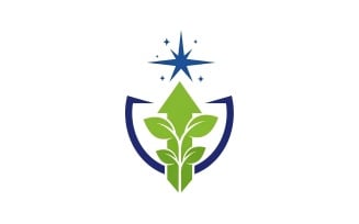 Growth concept logo design featuring a stylized plant arrow protected by a blue shield element