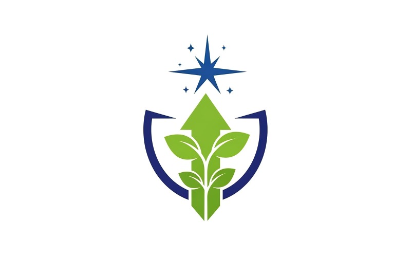 Growth concept logo design featuring a stylized plant arrow protected by a blue shield element Logo Template