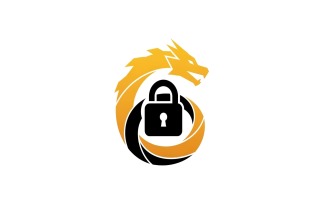 Logo design featuring a black padlock inside a stylized golden and black dragon shape