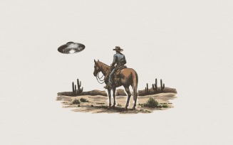 Cowboy and UFO PNG, Vintage Western Digital Download, Sci-Fi Western Design, Alien Encounter Art,