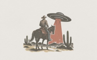 Cowboy and UFO PNG, Western Alien Encounter Clipart, Digital Cowboy Design, Space Western Art for