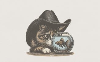 Cowboy Cat PNG, Cute Cat and Fishbowl PNG, Vintage Animal Art, Western Style T-Shirt Design,