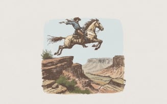 Cowboy Leaping Canyon PNG, Western Horse Art, Vintage Wild West Printable, Outdoor Rodeo Shirt PNG,