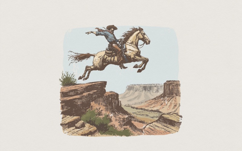 Cowboy Leaping Canyon PNG, Western Horse Art, Vintage Wild West Printable, Outdoor Rodeo Shirt PNG, Illustration