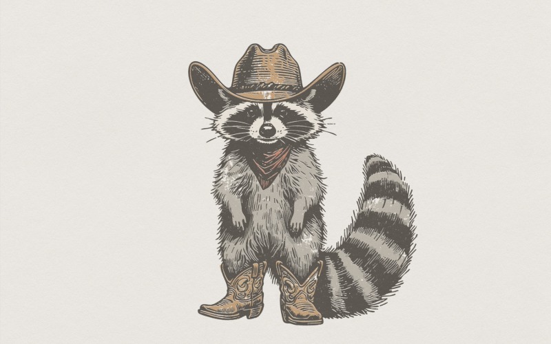 Cowboy Raccoon PNG, Cute Animal Western Art, Bandana Raccoon Clipart, Country Cowboy Printable Illustration