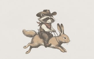 Cowboy Raccoon PNG, Wild West Animal Art, Cute Raccoon Riding Rabbit, Vintage Cowboy Shirt, Western