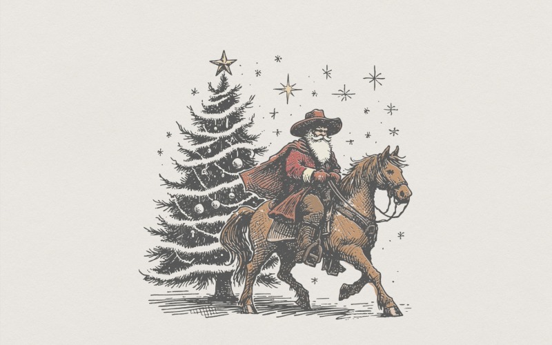 Cowboy Santa PNG Christmas Tree, Western Holiday Art, Vintage Santa on Horse PNG, Festive Digital Illustration