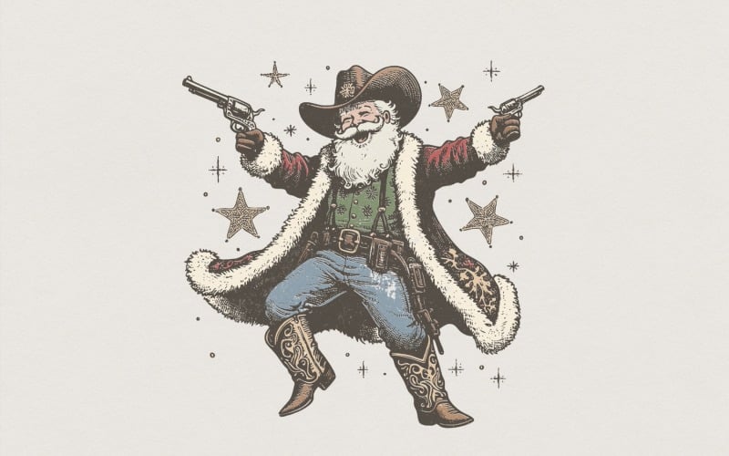 Cowboy Santa PNG, Western Christmas T-Shirt, Vintage Holiday Art, Cowboy Santa Claus PNG, Country Illustration