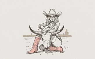 Cowgirl And Longhorn Skull PNG, Western Desert Art, Country Girl Design, Rustic Boho Shirt, Digital