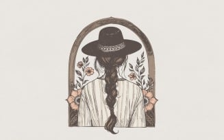 Cowgirl PNG, Western Boho Art, Braided Hair Woman, Floral Printable, Retro Style Shirt Design,