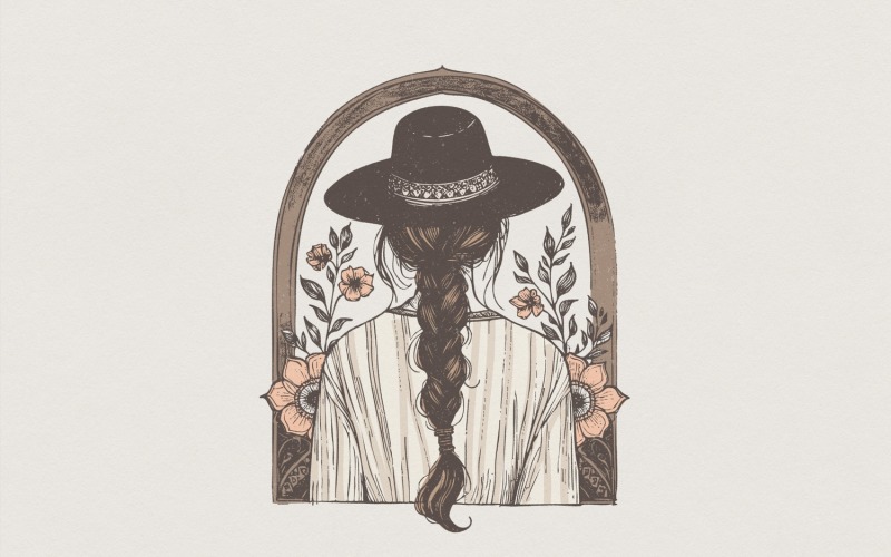 Cowgirl PNG, Western Boho Art, Braided Hair Woman, Floral Printable, Retro Style Shirt Design, Illustration