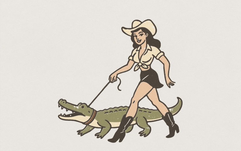 Cowgirl Walking Alligator PNG, Retro Western Shirt Design, Funny Country Digital Download, Cowgirl Illustration