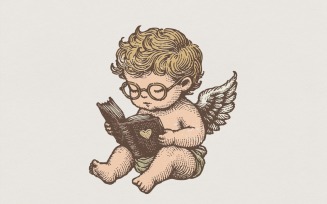 Cute Angel Reading Book PNG, Vintage Cupid Clipart, Book Lover Cherub Illustration, Retro Angel
