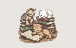 Cute Kittens Reading Books PNG, Book Lover Cat Art, Cozy Library Decor, Cat Lover Gift, Reading Cat