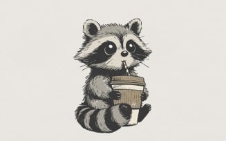 Cute Raccoon PNG Holding Coffee Cup, Digital Download Animal Art, Kawaii Raccoon Clipart, Coffee