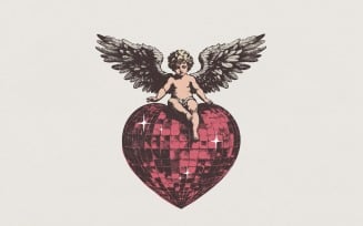 Disco Ball PNG, Vintage Cherub Angel Heart, Retro Valentine Art, Celestial Love Design, Romantic