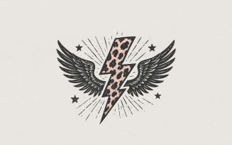 Leopard Print Lightning Bolt PNG, Winged Power Design, Retro Tattoo Style, Animal Print Clipart,