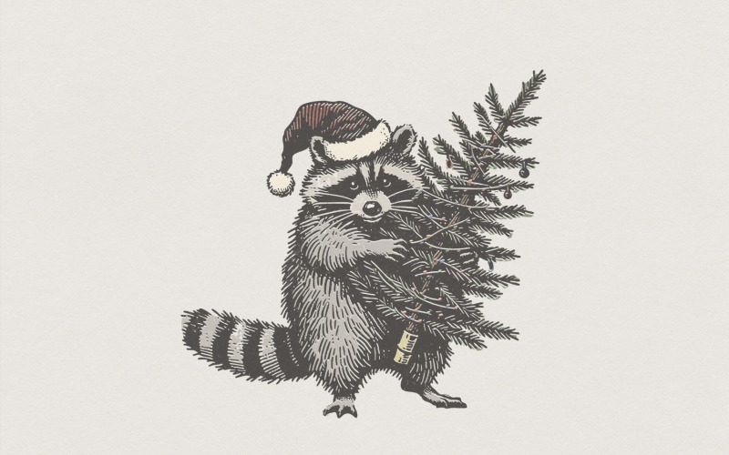 Raccoon Christmas Tree PNG, Santa Hat Holiday Animal, Vintage Style Printable Shirt, Festive Illustration