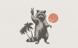 Raccoon Peace Sign PNG, Palm Tree Summer Animal Clipart, Retro Sunset Shirt, Cute Vacation Animal