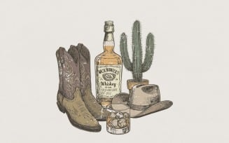 Whiskey Boots PNG, Cowboy Hat, Western Bar Art, Country Cactus Decor, Rustic PNG Design, Vintage