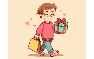 Cartoon Boy Happily Holding Gift and Shopping Bag