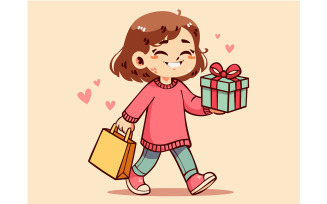 Cartoon Girl Cheerfully Holding Gift and Shopping Bag