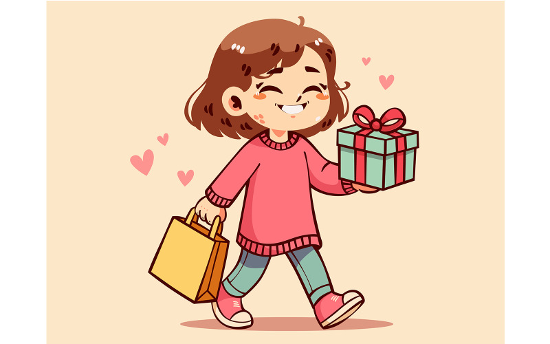 Cartoon Girl Cheerfully Holding Gift and Shopping Bag Illustration
