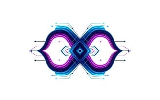 Abstract symmetrical design featuring glowing blue and purple neon lines logo