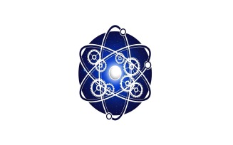 Atom model with gears orbiting a central sphere on a blue starry background, vector logo