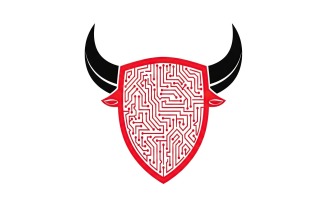 Bull head with black horns and red shield filled with circuit board pattern, logo design, vector