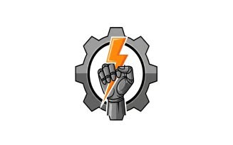 Grey robotic fist clenching an orange lightning bolt centered within a grey gear, logo design