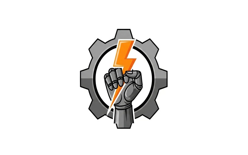 Grey robotic fist clenching an orange lightning bolt centered within a grey gear, logo design Logo Template
