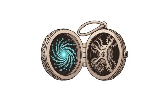 Open locket with a blue galaxy swirl on one side and gears on the other side logo