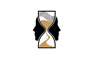 Two human head silhouettes facing each other with binary code and sand inside hourglass shape logo