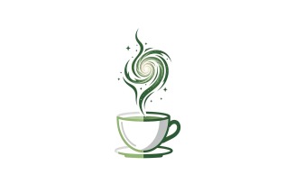 White teacup with green liquid and handle, emitting swirling green steam logo design