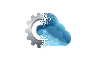 Cloud with gear emitting digital particles, tech art, vector design, isolated on white background
