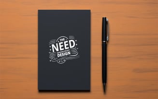 Black Notepad Mockup with Pen on Wooden Table