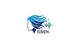Female head profile with flowing blue hair and sound wave equalizer bars, modern vector logo.
