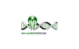 Green cobra coiled around DNA helix, logo design, isolated on white background