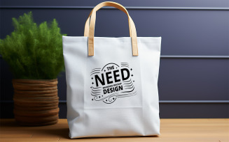 Minimal White Canvas Tote Bag Mockup with Leather Handles on Wooden Background