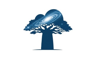 Silhouette of a Baobab tree filled with a swirling blue galaxy and stars, logo design