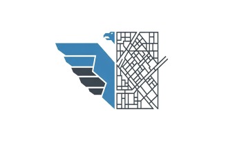 Stylized blue eagle head merged with a dark geometric city street map outline, modern logo design