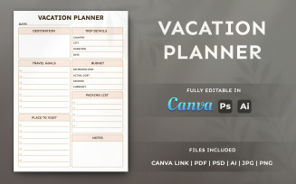 Vacation Planner – Travel Planner Template, Minimal Style A4 Printable Template