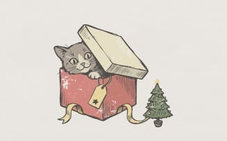 Cat In Gift Box PNG, Christmas Tree Art, Cute Holiday Cat, Festive Feline Digital Download,
