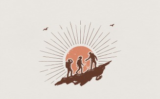 Hiking Adventure PNG, Sunrise Mountain Hikers Clipart, Outdoor Nature Digital Download, Retro
