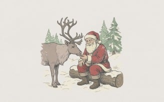 Santa Claus Feeding Reindeer PNG, Vintage Christmas Scene, Holiday Shirt PNG, Santa and Deer